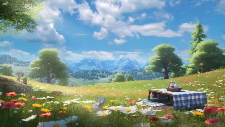 picnic in the garden background with cartoon style. seamless looping time-lapse virtual video 4K animation background. Royalty-Free Stock Footage #1107358241