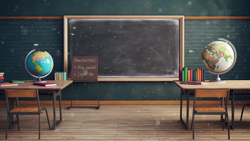 back to school classroom with blackboard background with anime or cartoon style. seamless looping time-lapse virtual video animation background. Royalty-Free Stock Footage #1107358289