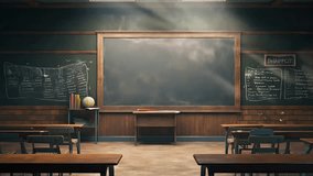 back to school classroom with blackboard background with anime or cartoon style. seamless looping time-lapse virtual video animation background.