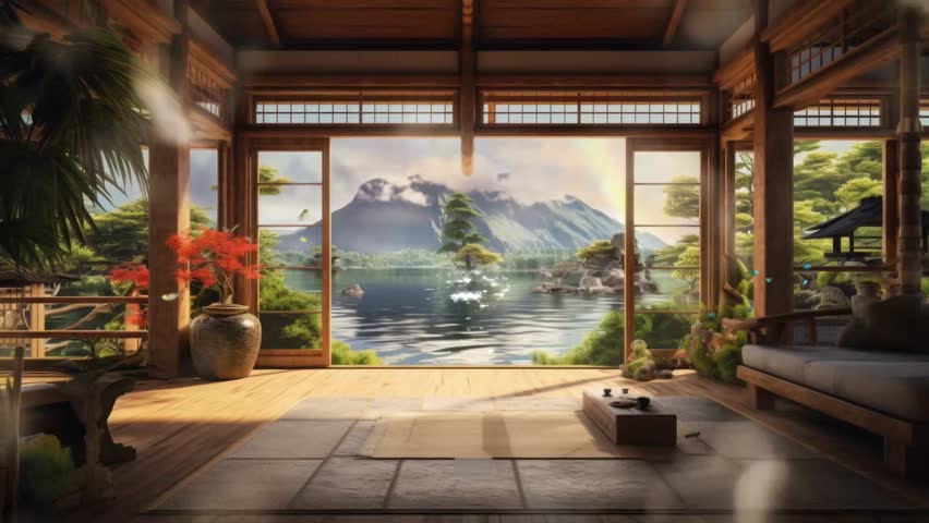 japanese tradional house with garden in the morning background with butterfly. seamless looping time-lapse virtual video 4k animation background.