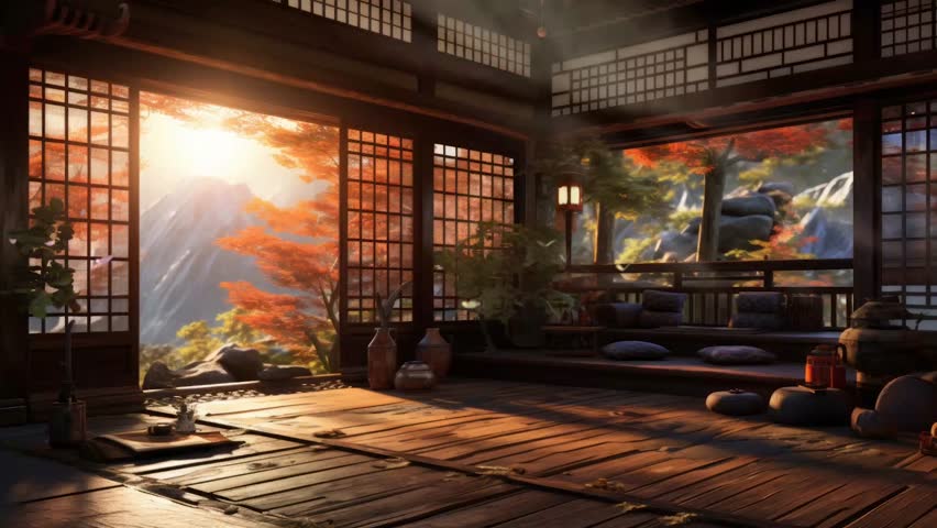japanese tradional house with garden in the morning background with butterfly. seamless looping time-lapse virtual video 4k animation background.
