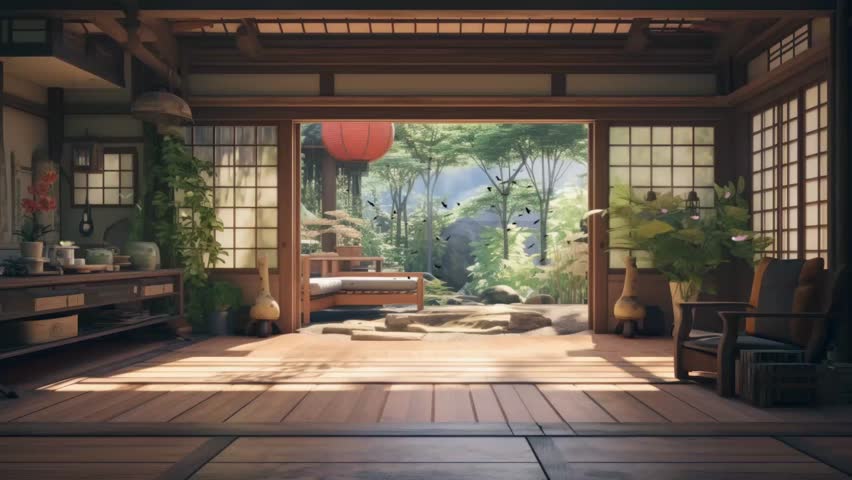 japanese tradional house with garden in the morning background with butterfly. seamless looping time-lapse virtual video 4k animation background.