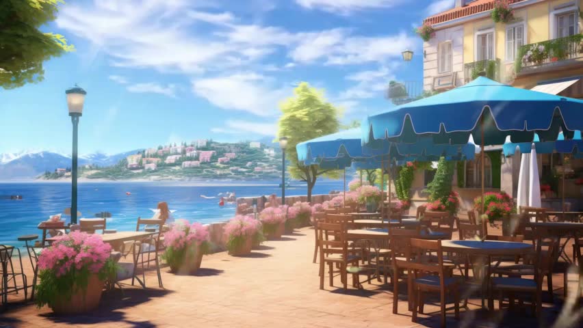 restaurant on the beach with butterfly with cartoon or anime style background. seamless looping time-lapse virtual 4k video animation background. Royalty-Free Stock Footage #1107358617
