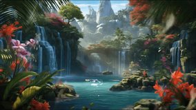 beautiful nature landscape waterfall in the jungle with butterfly. seamless looping time-lapse virtual 4k video animation background.