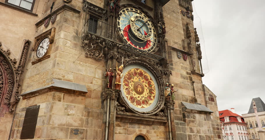 Historical medieval astronomical clock or Prague Orloj in Old Town Square in Prague, Czech Republic Royalty-Free Stock Footage #1107365017