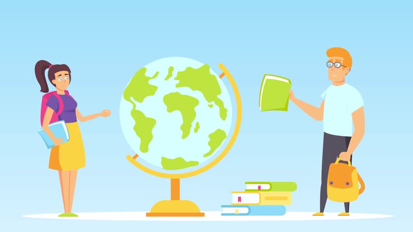 Student studing library with world map