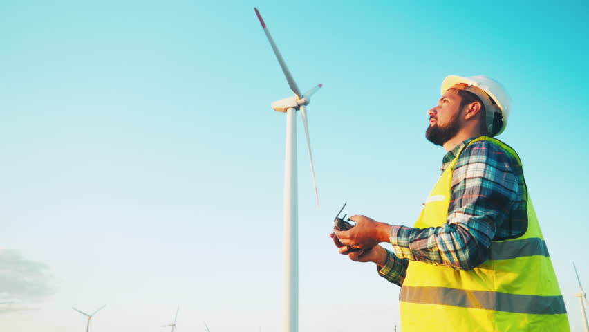 Support and maintenance of wind turbines. Engineer using a remote control controls a drone to inspect a wind park