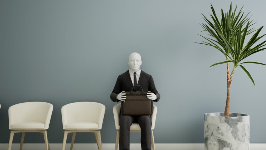 Futuristic android robot sitting on a chair and waiting for a job interview, AI and innovation concept. 3d animation. 3D Illustration