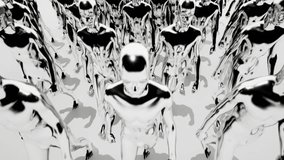 Army of robots. A crowd of cyborg workers marching in formation. 3D animation. 3D Illustration