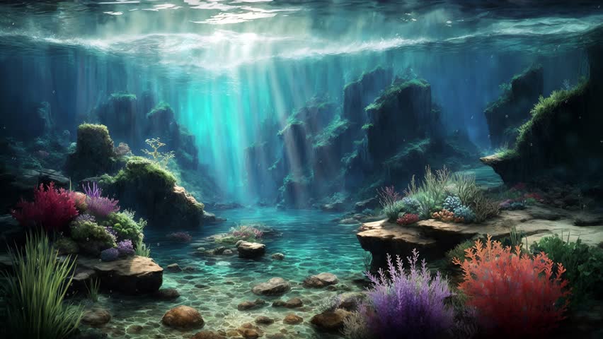 Serene underwater scene with colorful marine plants and coral reef in clean azure water on sea bottom and sun rays from surface. Beautiful undersea background 3D animation rendered in 4K | Shutterstock HD Video #1107372549