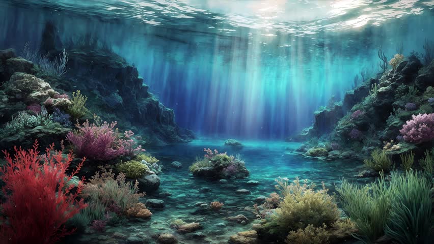 Serene underwater background with tropical colorful marine plants and coral reef in pure turquoise water on sea bottom and sun rays from surface. Undersea scene 3D animation rendered in 4K Royalty-Free Stock Footage #1107372551
