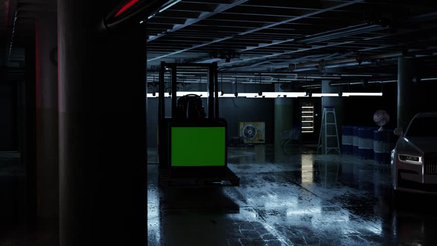 An old CRT television on a pallet is being moved by a forklift in an old, dimly lit warehouse Royalty-Free Stock Footage #1107373073
