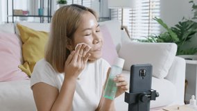 Real user review Influencer youtuber adult asia woman people blogger live talk makeup remover skin care applying cosmetic on IG reel instagram tiktok shop. Vlogger side hustle blog vlog social media.