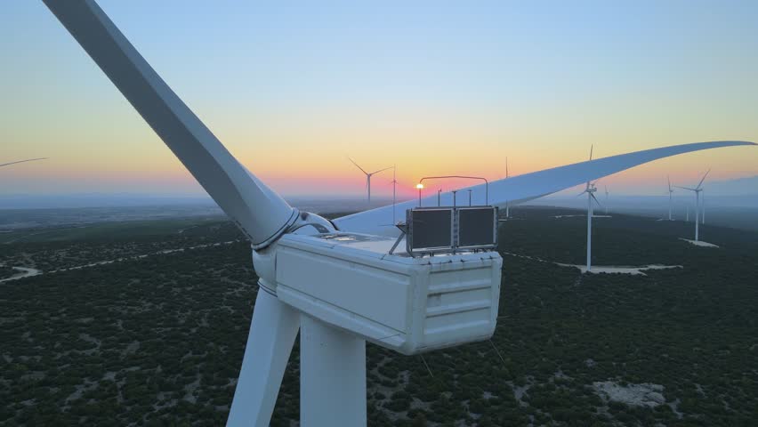 Aerial close up of wind turbine windmill spinning blades at sunset Renewable energy production