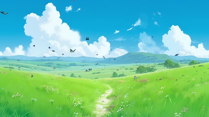 Fantasy Meadow Nature Landscape and Butterflies animated background in Japanese anime illustration style. 