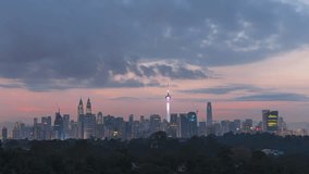 Cityscape Time lapse video : Cloudy Sunrise with lushes green against Kuala Lumpur skyline in Federal Territory Malaysia. Prores Full HD Timelapse.