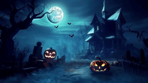 Halloween haunted house with bats, and pumpkins under scary full moon cinematic loop video animation background ஸ்டாக் வீடியோ