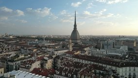 The drone aerial footage of Turin city centre with Mole Antonelliana, Piedmont region of Italy.