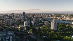 Establishing Aerial View Shot of Portland OR, Oregon, USA, downtown, green city, track in