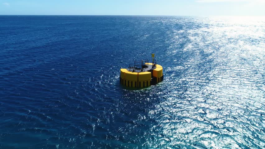 Yellow mooring buoy in deep blue Caribbean ocean, small waves and wind ripples, drone tilt down Royalty-Free Stock Footage #1107386989