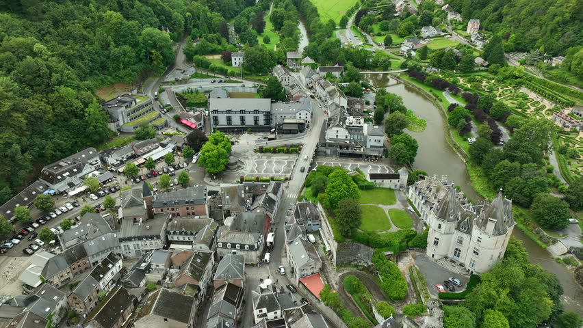 Top view over city of Durbuy in Belgium and its castle on Ourthe river bank