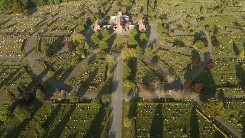 Aerial view of Landican Cemetery and Crematorium, Woodchurch, Wirral, Merseyside, England