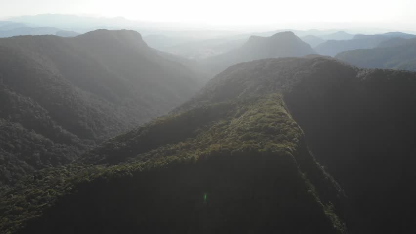aerial drone panorama of green mountains in lamington national park near gold coast, queensland, australia; flying above ancient gondwana rainforest during sunset