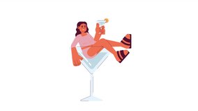 Cocktail party 2D animation. Arab woman with margarita glass 4K video motion graphic. Cheers. Summer vibes. Young adult having fun with drink color animated cartoon flat concept, white background