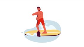 Indian man paddleboarding on lake cartoon animation. Sup surf water sports 4K video motion graphic. Guy in swimwear standing up paddle board 2D color animated character isolated on white background