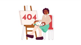 Black woman painting easel 404 error animation. Drawing workshop error message gif, motion graphic. African woman with paint brush animated character cartoon 4K video isolated on white background