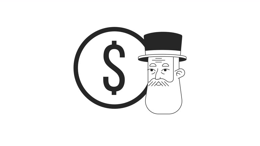 Top hat capitalist with dollar coin bw outline 2D animation. Elderly beard banker with gold coin 4K video motion graphic. Money man monochrome linear animated cartoon flat concept, white background | Shutterstock HD Video #1107399793