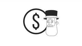 Top hat capitalist with dollar coin bw outline 2D animation. Elderly beard banker with gold coin 4K video motion graphic. Money man monochrome linear animated cartoon flat concept, white background