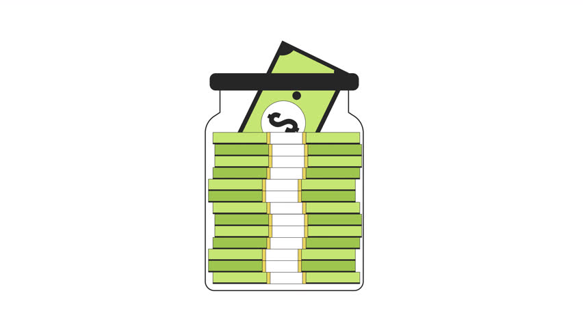Growing cash jar line 2D object animation. Saving banknotes in glassware flat color cartoon 4K video, alpha channel. Donation, banking. Plastic jar with money animated element on white background