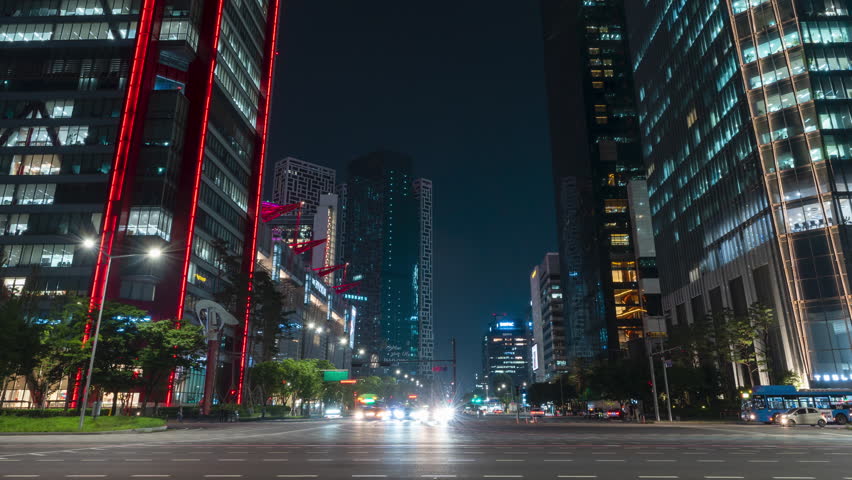 Seoul Yeouido Night Traffic Timelapse by Business and Finance Modern Office Buildings, Architecture in Yeouido Financial District, South Korea - hyperlapse zoom out