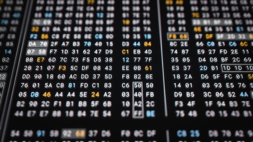 Computer memory code encryption technology for high security. Big Data Analysis process in low level programming to reverse engineering software, digital binary hexadecimal number display 3D rendering - Powered by Shutterstock - Get 15% off with code: PIKWIZARD15