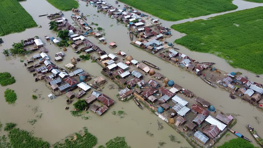 Aerial view of flood affected areas in Northern Bangladesh. Climate Change, Natural Disaster. Royalty-Free Stock Footage #1107404823