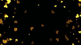 Falling gold hearts on a black background. 3D rendering of animation. Video effect for valentine's day and weddings. Rain from hearts.