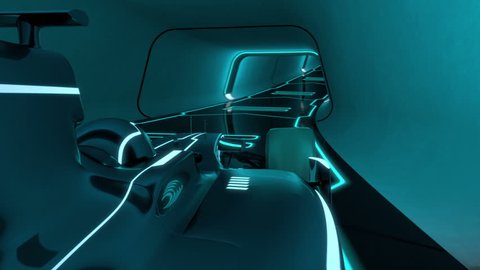 driver's POV of a formula one racecar speeding along a futuristic tunnel with neon light lines in tron look - high quality 3d animation -  loopable