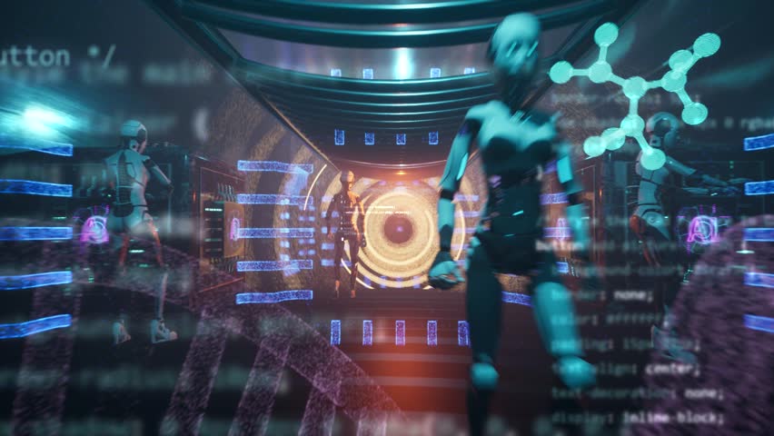 moving forward in futuristic tunnel room. Holographic projections and ai robots working around. Modern science fiction animation