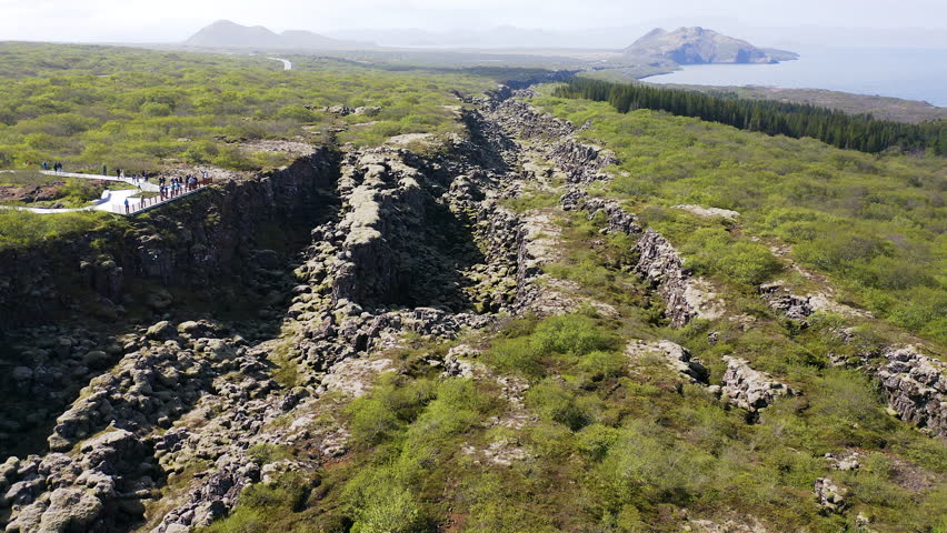 Aerial view of the amazing break between tectonic plates in the Thingvellir National Park, Iceland.