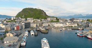 Aerial Drone View of City with Canal and Sailboats in Norway (Alesund)