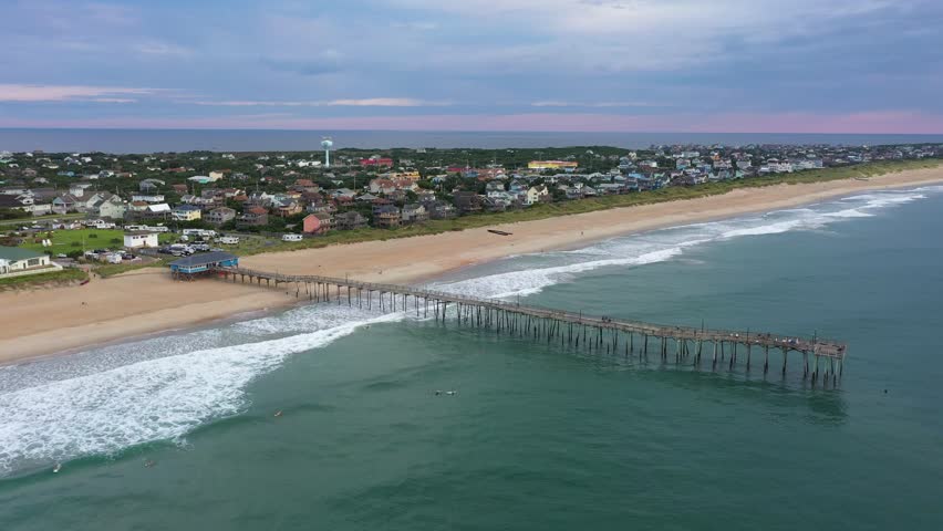 Aerial View of the Avon Pier and Atlantic Ocean with Beach Homes in the Background
