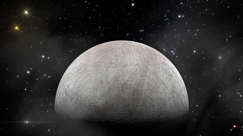 Europa, Moon of Jupiter, against Dark Starry Sky Background in The Solar System. Elements of this Video furnished by NASA.  