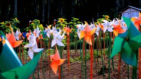 Travel and Vacation Footage. Landscape video of massive colorful pinwheel spinning and decorating the entire hillside. The pinwheel that adorns the hillside in the tourist park. High Quality 4k Videos