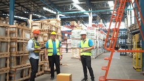 Engineer man using laptop check stock cardboard on forklift and co-worker at warehouse. Worker wearing high visibility clothing and hard hat, helmet to climb stairs carry goods or boxes for delivery. - Powered by Shutterstock - Get 15% off with code: PIKWIZARD15