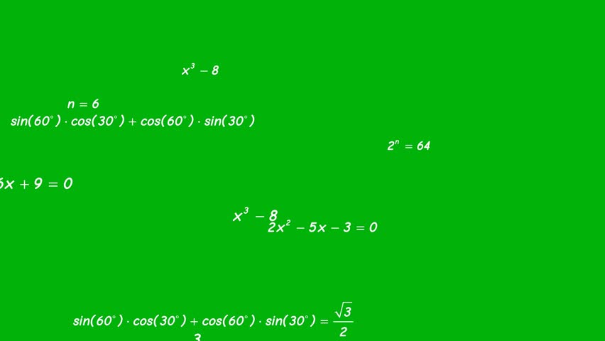 Visual effects scatter math with chroma key. Calculating questions and answers, formulas for calculating numbers Royalty-Free Stock Footage #1107424339
