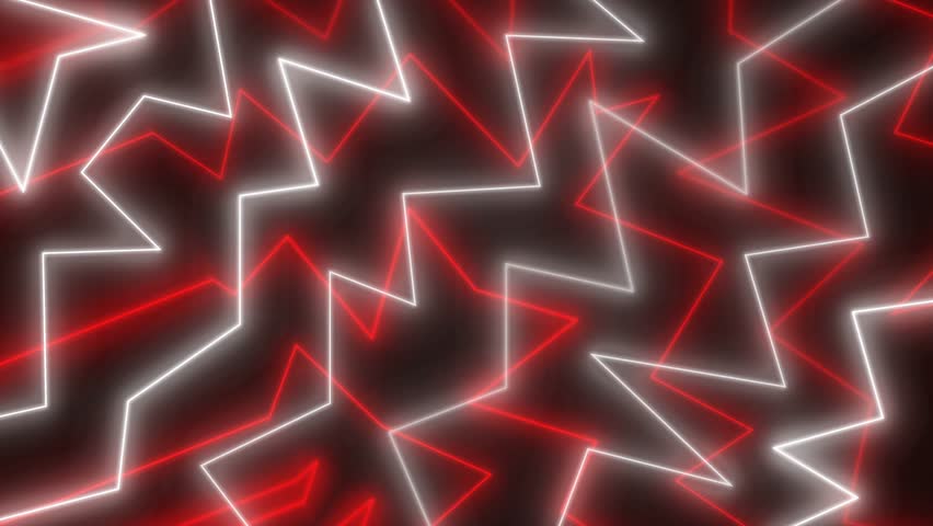 Flying through glowing neon red- white zigzags glowing lamps technology futuristic stage show creating a tunnel, spectrum, fluorescent light, modern glowing lighting, 4k seamless loop cg animation