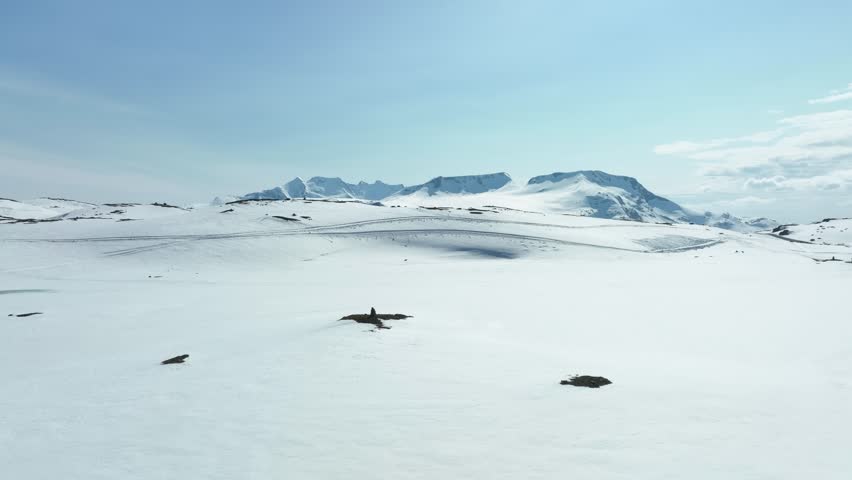 Hurrungane and Jotunheimen mountains seen from top of road crossing mountain Sognefjellet in Norway - Snowmobile tracks crossing snow in foreground Royalty-Free Stock Footage #1107430339