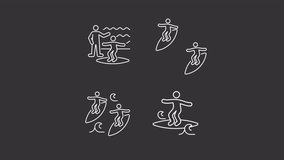 Surfing school animation library. Learn to surf animated white line icons. Instructor coach. Summer camp. Isolated illustrations on dark background. Transition alpha. HD video. Icon pack