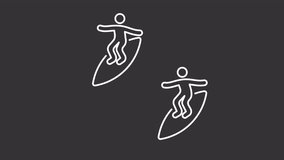 Keeping distance white animated icon. Two surfers riding line animation. Surf etiquette. Water safety. Aquatic sport. Isolated illustration on dark background. Transition alpha video. Motion graphic